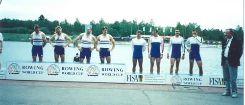 Branimir Vujević i Oliver Martinov na regati Svjetskog kupa u Munchenu 1997. u četvercu bez kormilara sa veslačima "Mladosti" Markom Banovićem i Krešimirom Čuljkom.